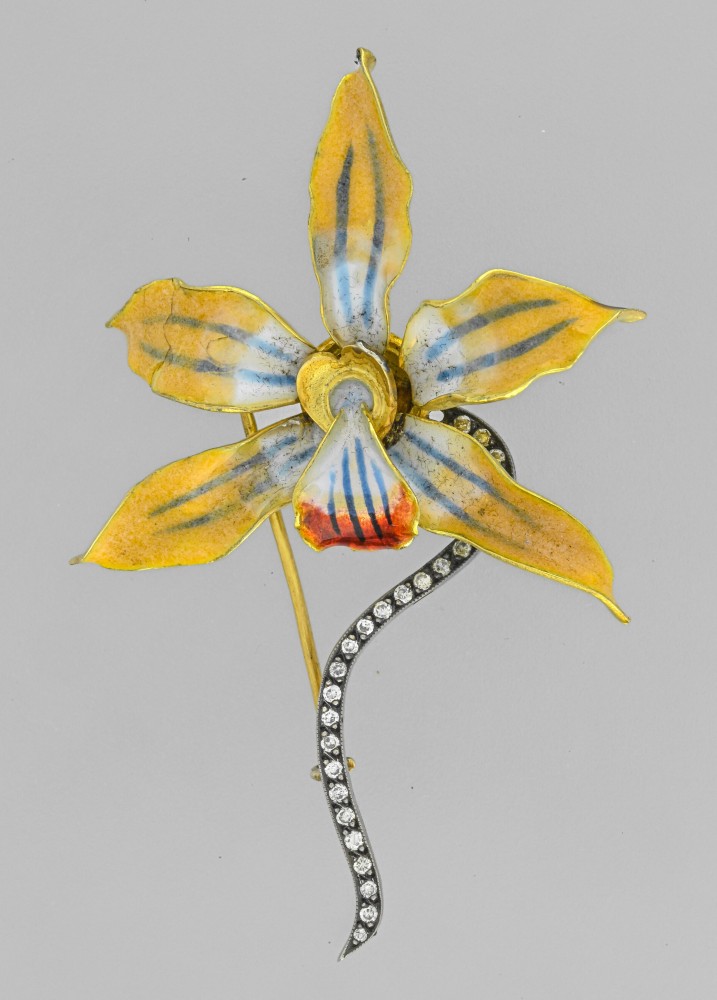 Orchid brooch In yellow gold and white gold 14 Karat, with enamelled decoration and set with small