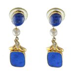 Pair of lapis lazuli earrings In yellow gold 14 Karat, set with lapis lazuli, pearl and diamond