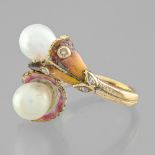 You and me ring enamel and pearls in pink gold 9 Karat, two stylized and enamelled volubilis, each