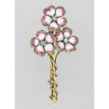 Three flowers enamel and diamonds brooch In yellow and white gold 9 Karat, enamel and old cut