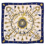 Twill scarf "Les Clefs" HERMES 90 cm scarf in twill silk, white background and blue border, signed