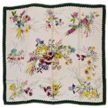 Twill scarf "Fleurs et Galons" HERMES 90 cm scarf in twill silk, white background and green frame,