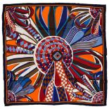 Twill scarf "Les flots du cheval" HERMES scarf 70 cm in twill silk, orange background and blue