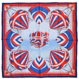 Twill scarf "Spinnaker" HERMES 90 cm scarf in twill silk, light blue background and red frame,