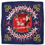 Twill scarf "Manège". HERMES 90 cm scarf in twill silk, red background and navy blue frame, signed