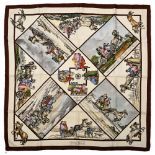 Twill scarf "Voyage en Russie" HERMES 90 cm scarf in twill silk, off-white background and brown