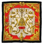 Twill scarf "Etriers" HERMES 90 cm scarf in twill silk, white background and red and black frame,