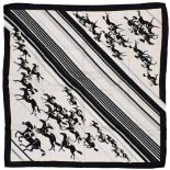 Twill scarf "Les Courses". HERMES 90 cm scarf in twill silk, white background and black frame,