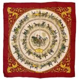 Twill scarf "La Promenade de Longchamps" HERMES 90 cm scarf in twill silk, beige background and