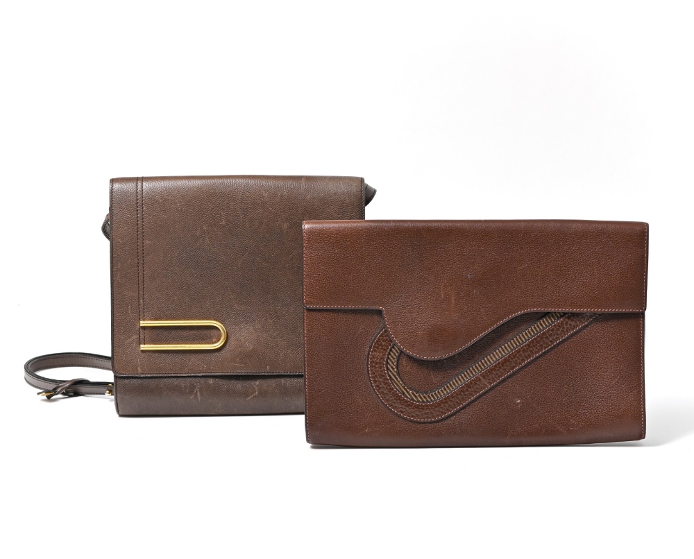 Two handbags Delvaux - Brown grained leather crossbody bag, gold trim representing an open D".