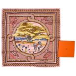 Twill scarf "Sous le Cèdre". HERMES 90 cm scarf in twill silk, pink background and frame, signed