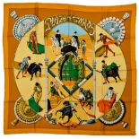 Twill scarf "Plaza de Toros". HERMES 90 cm scarf in twill silk, yellow-orange background and