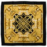 Twill scarf "Eperons d'or" HERMES 90 cm scarf in twill silk, yellow beige background and black