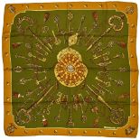 Twill scarf "Les clefs". HERMES 90 cm scarf in twill silk, green background and yellow gold frame,