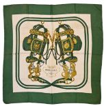 Twill scarf "Brides de Gala". HERMES 90 cm scarf in twill silk, white background and emerald green