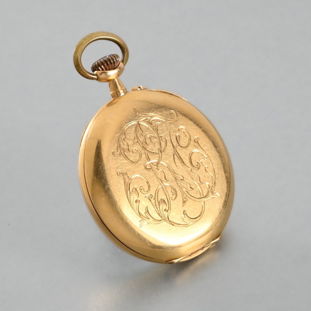 Golden pocket watch in its shrine Open dial pocket watch in yellow 18-carat gold. White enamel dial, - Image 3 of 6