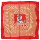 "Royal Tiger" twill scarf HERMES 90 cm scarf in twill silk, pale pink background and raspberry
