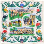 Twill scarf "Champ de courses à Chantilly". HERMES 90 cm scarf in twill silk, white background and