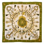 Twill scarf "Les Clefs". HERMES 90 cm scarf in twill silk, beige background and olive green