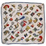 Twill scarf "Coiffures militaires" HERMES 90 cm scarf in twill silk, white background and grey-