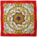 Twill scarf "Luna Park" HERMES 90 cm scarf in twill silk, off-white background and red frame, signed