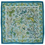 Twill scarf "Pavement". HERMES 90 cm scarf in twill silk, turquoise background and frame, signed