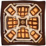 Twill scarf "Les Berlines". HERMES 90 cm scarf in twill silk, white background and brown frame,