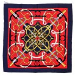 Twill scarf "Eperons d'or". HERMES 90 cm scarf in twill silk, red background and navy blue frame,