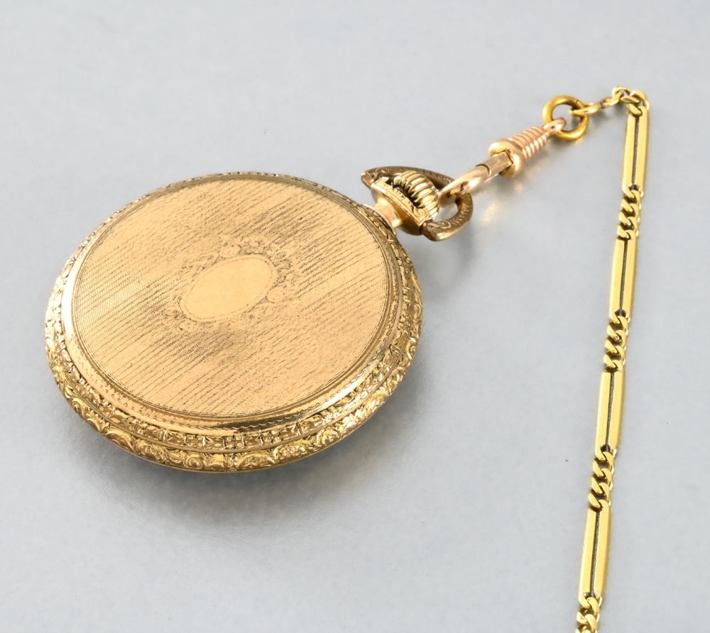 Pocket watch and chain. In gilt metal, diameter 4.2 cm, case included. Dial with exposed gold - Image 2 of 2