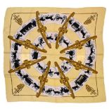 Twill scarf "Paris qui roule" HERMES 90 cm scarf in twill silk, white background and yellow frame,