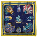 scarf 90 cm "Cuir du désert" HERMES 90 cm scarf in twill silk, navy blue background and yellow