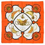 Twill scarf "Springs" HERMES 90 cm scarf in twill silk, white background and orange frame, signed