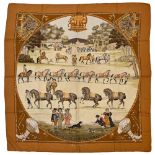 Twill scarf "Présentation de Chevaux" HERMES 90 cm scarf in twill silk, grey-green background and