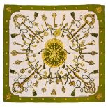 Twill scarf "Les Clefs". HERMES 90 cm scarf in twill silk, white background and green frame,