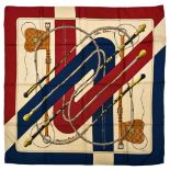 Twill scarf "Clic Clac". HERMES 90 cm scarf in twill silk, beige background and navy blue frame,