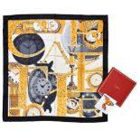 90 x 90 silk twill scarf CARTIER 90 cm scarf in shaped silk twill, white background and black frame,