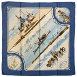 Twill scarf "Groenland". HERMES 90 cm scarf in twill silk, beige background and steel blue frame,