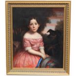 American School, 19th C. portrait of a girl with a dog. The sitter is possibly a "Maine Heiress" Oil