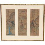 Antique Chinese Triptych Watercolor Painting