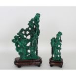 (2) Carved Malachite Guanyin Figures on Stand