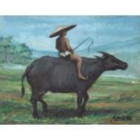 Indonesian School, Boy on Water Buffalo. Signed