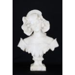 Antique Carved Alabaster Bust of a Woman, Signed