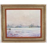 Mid-Century Painting of NY Bridge, Signed