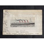 R.M.S. MAURETANIA: Unusual onboard silk postcard, postally used Queenstown 1908.