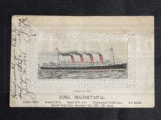 R.M.S. MAURETANIA: Unusual onboard silk postcard, postally used Queenstown 1908.