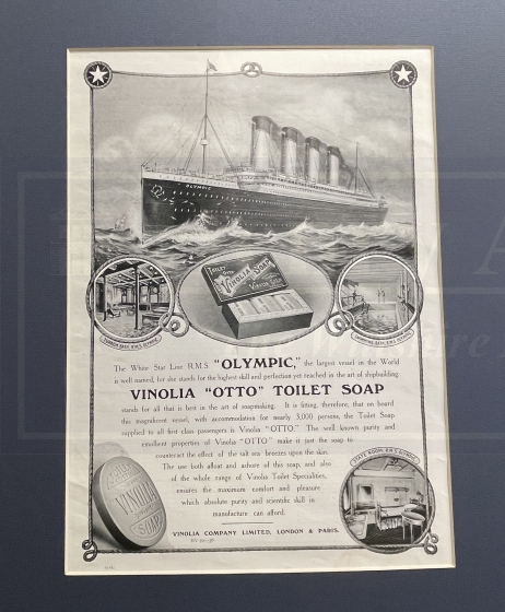 WHITE STAR LINE: R.M.S. Olympic Vinolia Soap advert. 9ins. x 12ins.