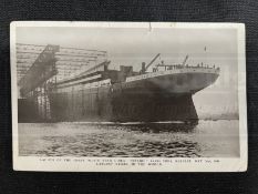 R.M.S. TITANIC: Rare Walton real photo postcard of The Launch of The Giant White Star Liner Titanic,