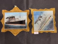 OCEAN LINER: Reverse glass pictures of R.M.S. Lusitania and S.S. Breamer Castle lost 1915 and 1916