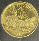 R.M.S. TITANIC: Gold commemorative coin Proof Liberia 1998 100 Dollars .999. Weight 6.22g.