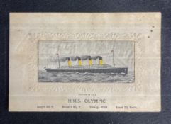H.M.S. OLYMPIC: Rare silk postcard for H.M.S. Olympic.